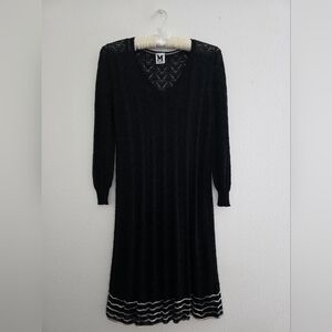 MISSONI Dress Knit Chevron Black W/White Trim On Hem Long Sleeve Sz IT 40/US 4/S